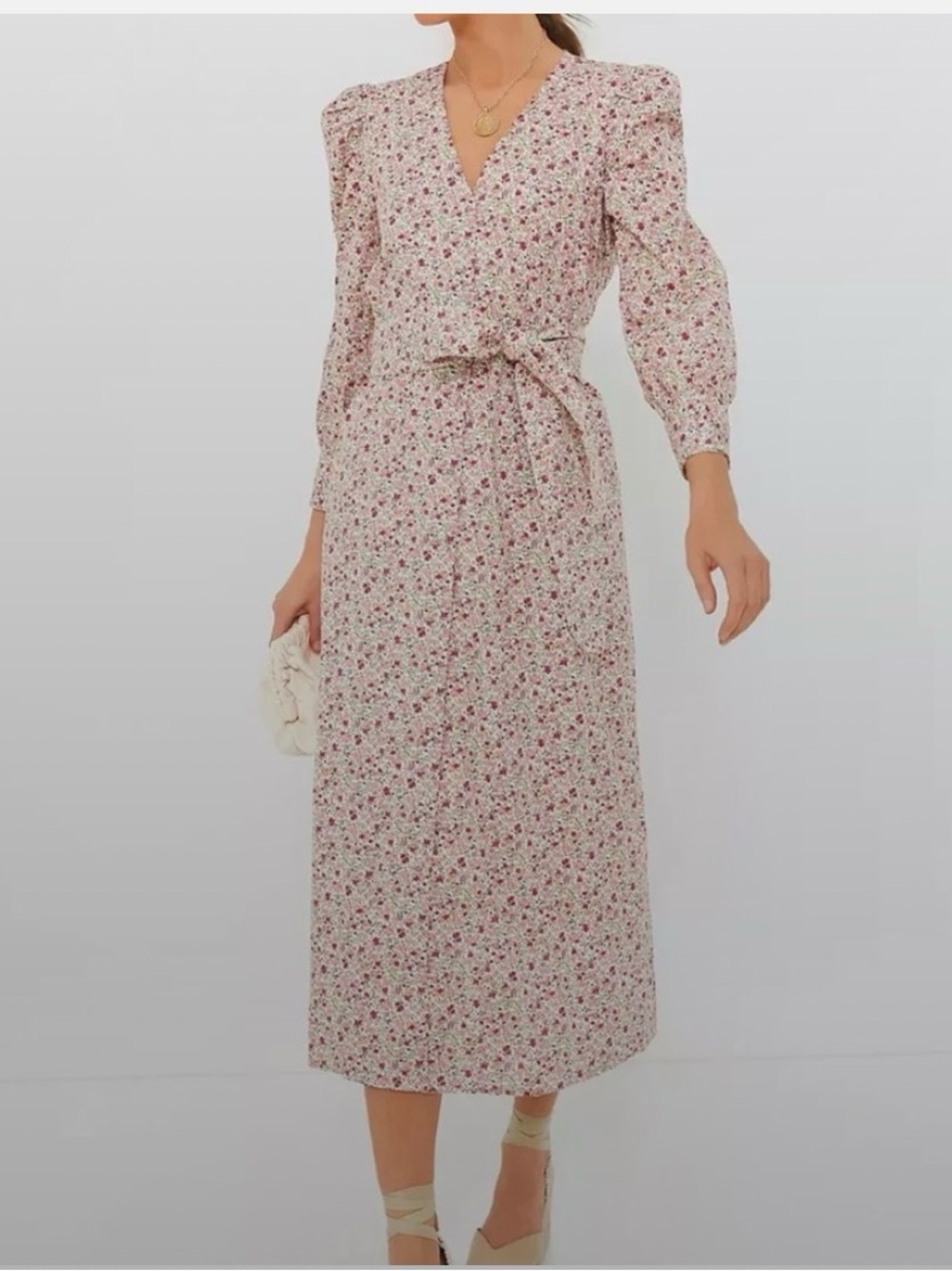 Hyacinth House Floral V-Neck Tie-Waist Midi Dress in Blush Pink
